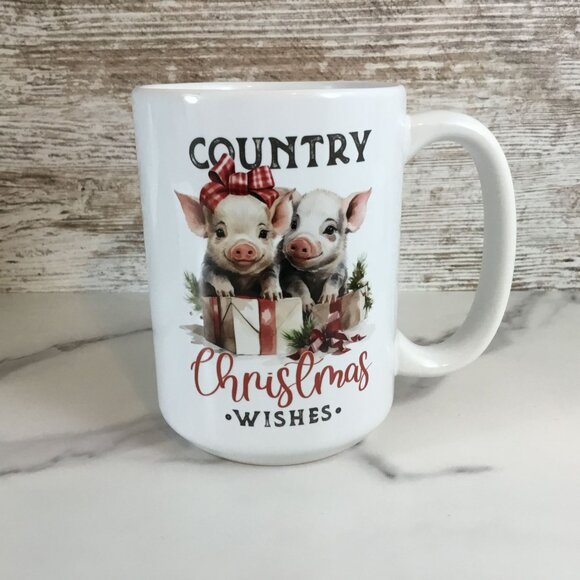 Pig Country Christmas Wishes Ceramic Mug - 15 oz Coffee Cup - Picture 6 of 6